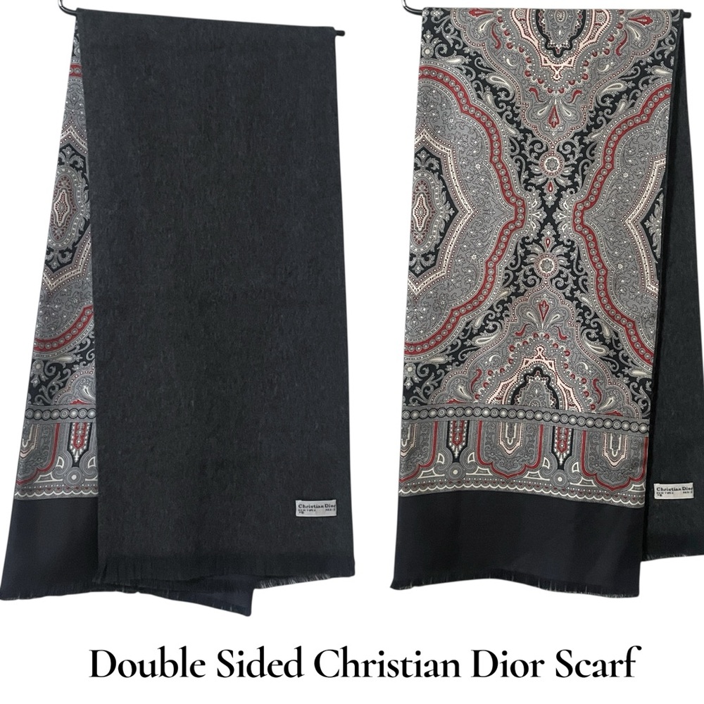 Christian Dior Double Sided Black & Gray Patterned Tuxedo Style Scarf 11" x 52"